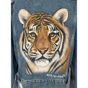 Levi's Trucker Jean Jacket Unisex Large Blue Hand Painted Tiger Graphic Signed